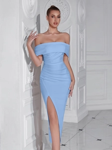 Close-up of sky blue off-shoulder dress with elegant pleated bust and high side slit