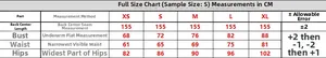 Size chart table with measurements for off-shoulder slit evening dress from XS to XL