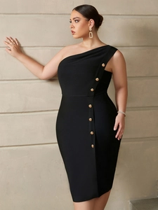 Detailed view of golden decorative buttons on a black one-shoulder bandage midi dress