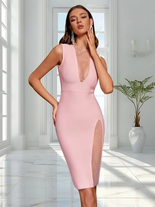 Pink sleeveless bandage dress with mesh inserts and deep V-neck in elegant slim fit