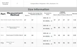 Detailed size chart with measurements for the bodycon bandage dress in polyester and elastane