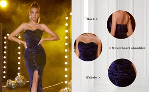 Détails de la robe de soirée en velours bleu foncé à paillettes avec volants et dos nu