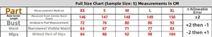 Comprehensive size chart for strapless slit evening dress with measurement instructions