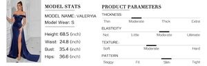 Detail view of sizing chart and fabric specs for navy blue strapless evening dress