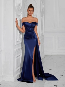 Elegant navy blue off-shoulder satin evening dress with high slit and pleated waist detail