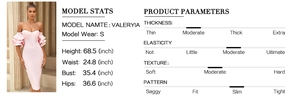 Size chart detail for pink off-shoulder slim dress showing model measurements and fabric specs