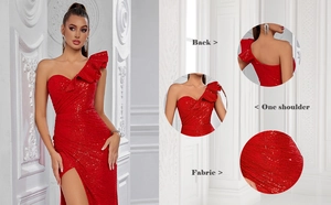 Detail view of red one shoulder sequin dress showing back, shoulder and fabric texture