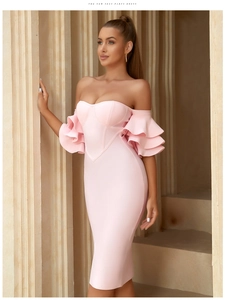 Women Sexy Off Shoulder Ruffle Sleeve Bodycon Bandage Midi Dress Elegant Pink Fuchsia Evening Party Banquet Solid Color Slim Fit Gown