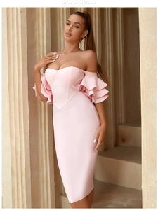 Pink off-shoulder bandage dress with layered ruffle sleeves and slim fit bodycon silhouette