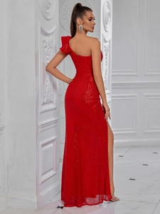 Elegant red sequined one-shoulder evening gown with high slit and ruffle detail