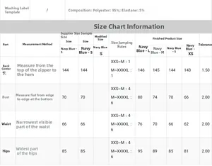 Size chart for navy evening dress with detailed measurements and fabric composition