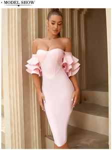 Elegant pink off-the-shoulder bandage dress with triple ruffled sleeves for formal events