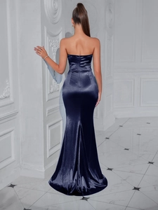 Elegant navy blue satin strapless mermaid evening dress with a slim fit and ruffled hem