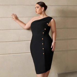 Elegant black one-shoulder bandage dress with gold buttons and slim fit silhouette