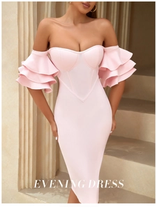 Pink off-shoulder bandage dress with puff sleeves and bodycon fit for evening parties