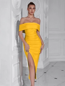 Detail of elegant bright yellow off-shoulder dress with ruched waist and high side slit