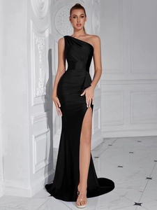 Detail view of black one-shoulder satin evening gown with pleated waist and high side slit