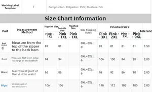 Detailed size chart for plus size pink bandage dress showing chest and waist measurements