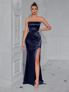 Elegant midnight blue strapless evening gown with satin finish and high side slit