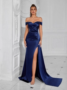 Women Sexy Off-the-Shoulder Evening Gown Satin Style Polyester Ruched Slit Floor Length Elegant Formal Party Maxi Dress With Train