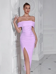 Elegant lavender off-shoulder slim-fit evening dress with side slit for women party wear