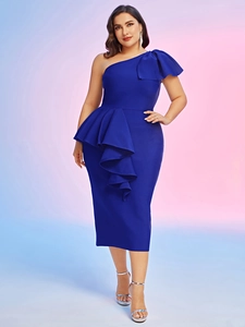 Plus Size Elegant One Shoulder Ruffle Trim Bodycon Evening Gown Royal Blue Sexy High Waist Midi Party Dress For Women