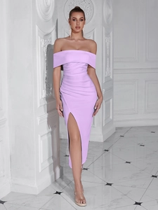 Elegant off-shoulder lavender bodycon dress with ruching and high side slit