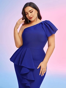 Elegant royal blue one-shoulder plus size dress with ruffle detail and peplum waistline