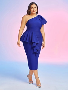 Elegant royal blue one shoulder peplum midi dress with ruffle waist and bow detail