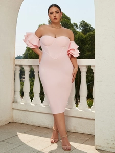 Women's Plus Size Off-The-Shoulder Ruffle Bubble Sleeve Bodycon Bandage Dress Pink Sexy Elegant Midi Cocktail Party Dress