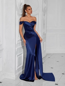 Elegant navy blue strapless evening gown with side slit and satin finish for women