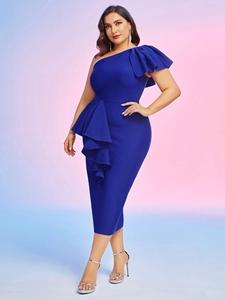 Detail of elegant dark blue one-shoulder dress featuring cascading ruffles and slim fit