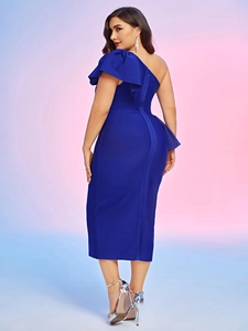 Elegant royal blue one-shoulder cocktail dress with statement ruffle and slim fit cut