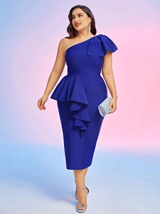 Elegant royal blue one-shoulder peplum bandage dress with ruffle detail for evening events