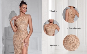 Macro detail of champagne gold sequin dress with one shoulder design and ruched fabric