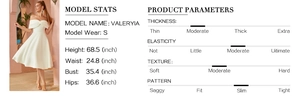 Size guide for white off-shoulder A-line dress showing model stats and fabric parameters