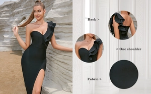 Détails de l'épaule dénudée à volants et texture du tissu de la robe de soirée noire