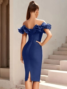 Elegant navy blue off-shoulder bandage dress with ruffle detail and back slit for party