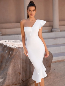 Robe Bandage Élégante à Une Épaule et Volants Queue de Poisson pour Femmes Sexy Moulante Midi Robe de Soirée Banquet