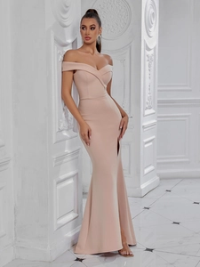 Robe Longue Élégante à Col en V et Épaules Dénudées pour Femmes Sexy Fente Haute Robe de Soirée Formelle