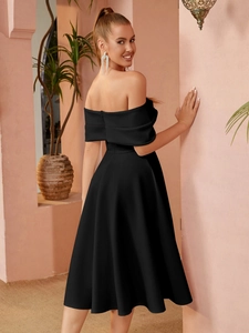 Elegant black off-shoulder A-line cocktail dress in premium satin for party events