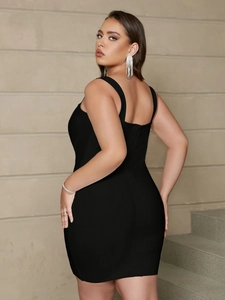 Elegant black bodycon bandage dress for plus size women with slim fit and strappy neckline