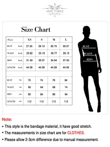 Guide des tailles pour robe bandage avec mesures en pouces et cm du XS au L