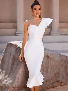 Robe bandage sirène blanche élégante à une épaule avec volants pour soirée formelle chic