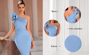 Detail of light blue one-shoulder dress showing ruffles, belt, and fabric texture