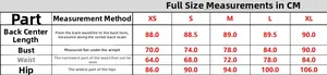 Detailed size chart for evening dress including bust, waist, and hip measurements in cm
