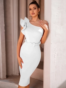 Detail of white one-shoulder dress with large ruffle neckline and matching belt buckle