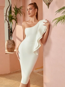 Elegante Abito Midi Monospalla con Volant Donna Aderente Bandage Scollo Asimmetrico Abito da Sera Cocktail Party Poliestere Elastan
