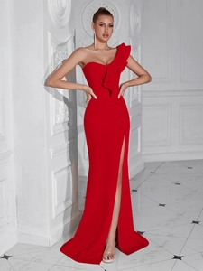 Elegant red one-shoulder evening gown with ruffled detail and a sexy high slit for formal events