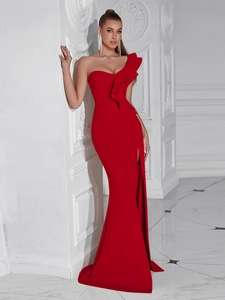 Elegant red one-shoulder gown with ruffle detail and high slit mermaid silhouette